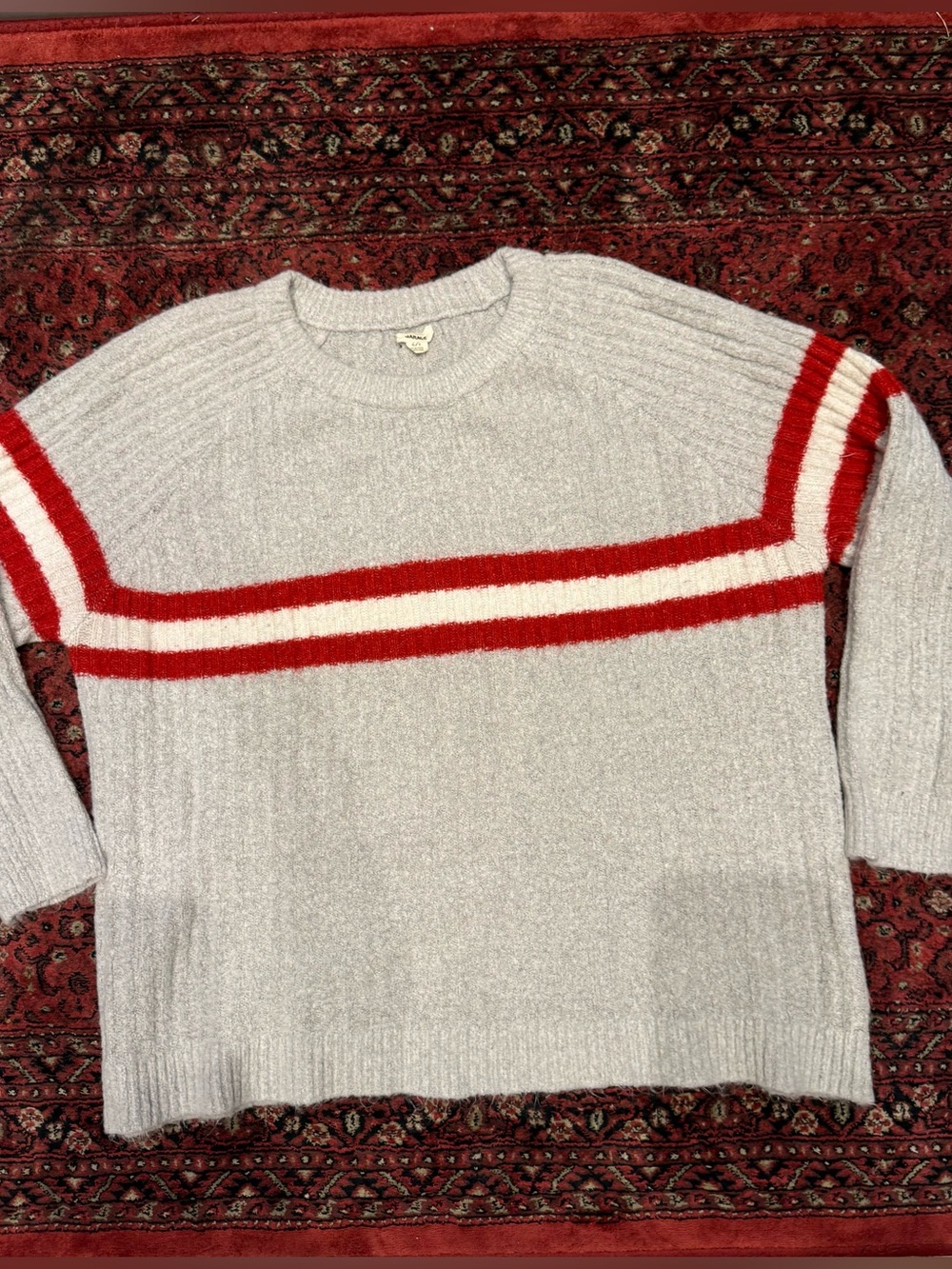 Garage Light Gray Crewneck Sweater with Red Stripes